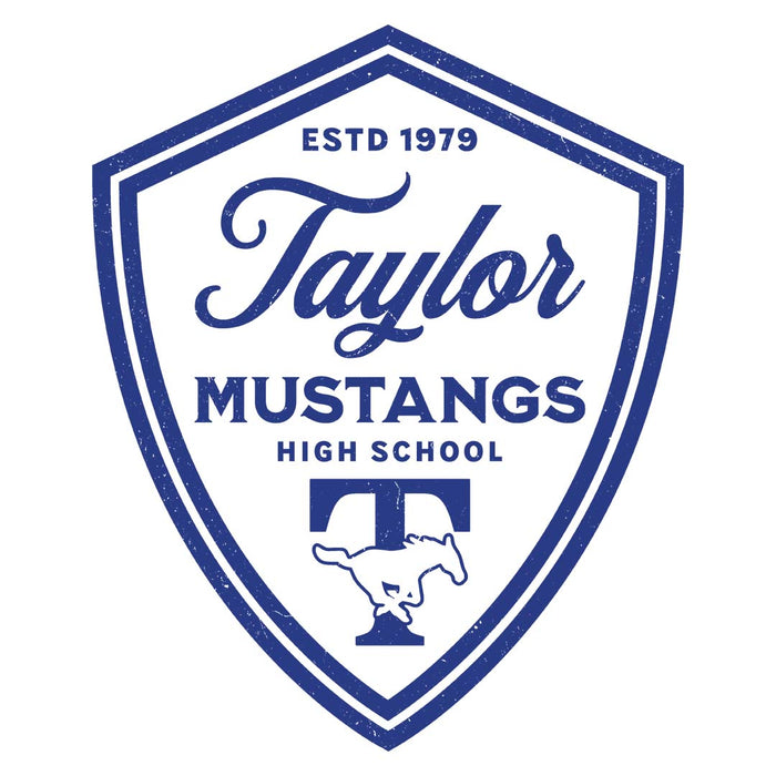 Close-up view of Taylor High School Mustangs Unisex 3/4 sleeve Raglan T-shirt 225