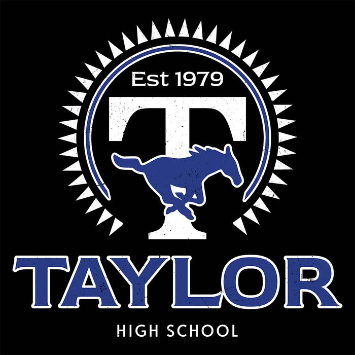 Close-up view of Taylor High School Mustangs Women's Black T-shirt 226