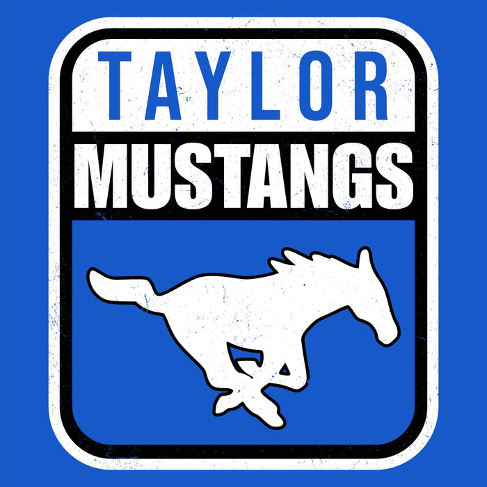 A square graphic with a distressed vintage look featuring the text 'TAYLOR MUSTANGS' in blue and white, with a white mustang silhouette on a blue background inside a rounded white-bordered black frame, set against a solid blue backdrop. Taylor High School Mustangs Royal Blue Classic Unisex T-shirt 001