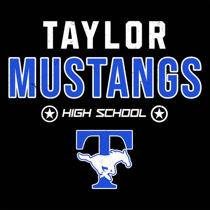Taylor Mustangs high school graphic on a black background, featuring distressed white and blue text with a blue and white mustang logo. Taylor High School Mustangs Black Classic Unisex T-shirt 003