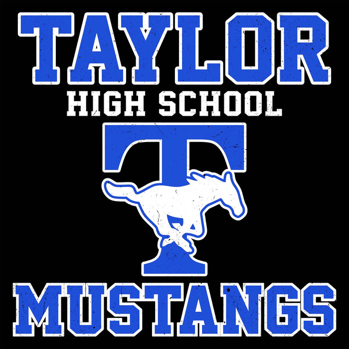 Close-up view of Taylor High School Mustangs Unisex 3/4 sleeve Raglan T-shirt 006