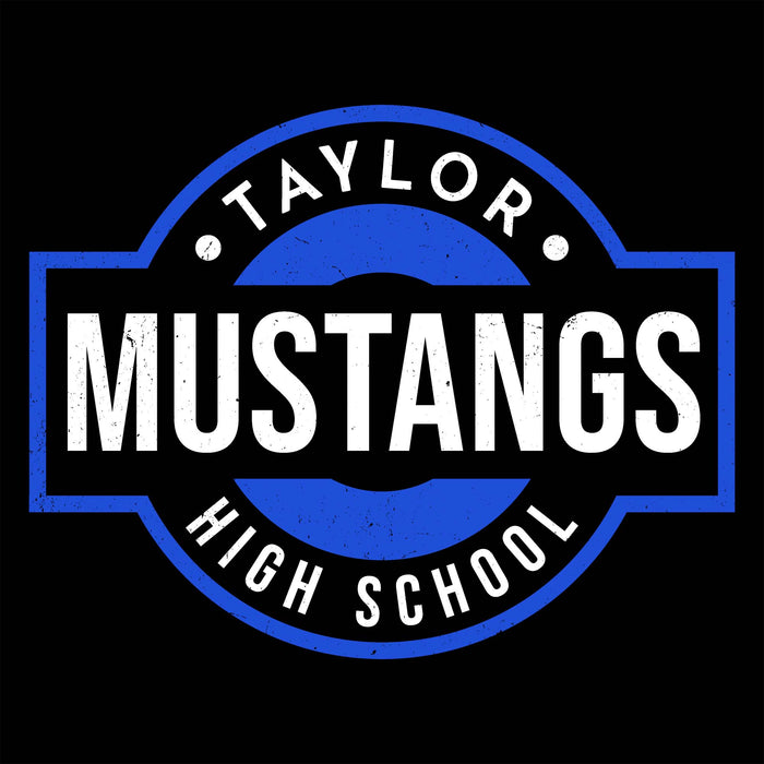 A circular blue and white graphic with distressed text reading 'TAYLOR MUSTANGS HIGH SCHOOL' on a black background. Taylor High School Mustangs Black Classic Unisex T-shirt 011