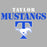 Taylor Mustangs graphic design featuring the text 'TAYLOR MUSTANGS' in white and blue stencil-style lettering above a blue letter T with a white Mustang running horse silhouette, set on a solid gray background. Taylor High School Mustangs Women's Grey SoftStyle T-shirt 017