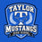 A blue and white shield-shaped graphic reading 'TAYLOR MUSTANGS HIGH SCHOOL' with a large letter T, a Mustang horse silhouette, laurel branches, and a black ribbon banner at the bottom, centered on a solid blue background. Taylor High School Mustangs Royal Blue Classic Unisex T-shirt 020