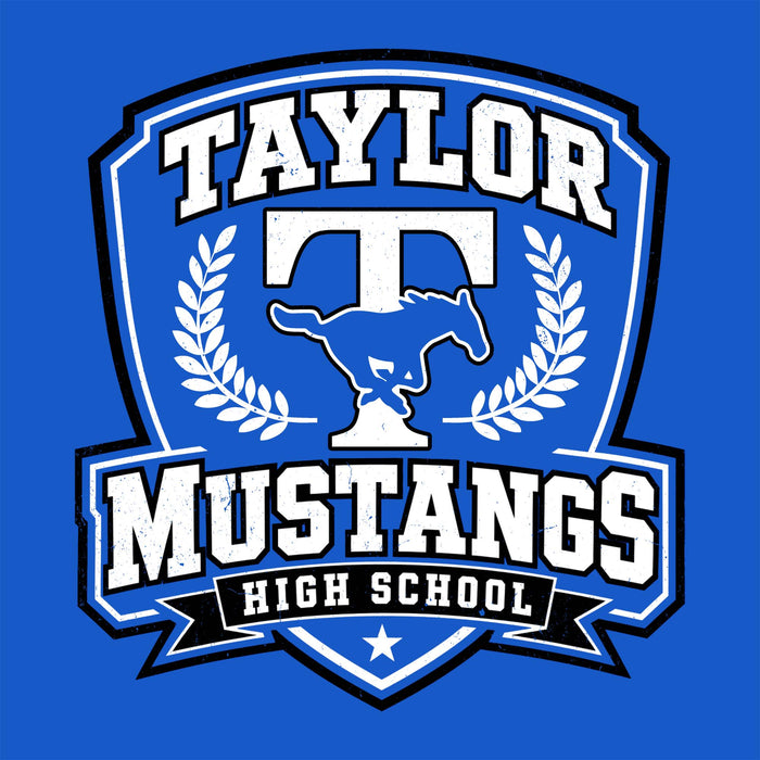A blue and white shield-shaped graphic reading 'TAYLOR MUSTANGS HIGH SCHOOL' with a large letter T, a Mustang horse silhouette, laurel branches, and a black ribbon banner at the bottom, centered on a solid blue background. Taylor High School Mustangs Royal Blue Classic Unisex T-shirt 020