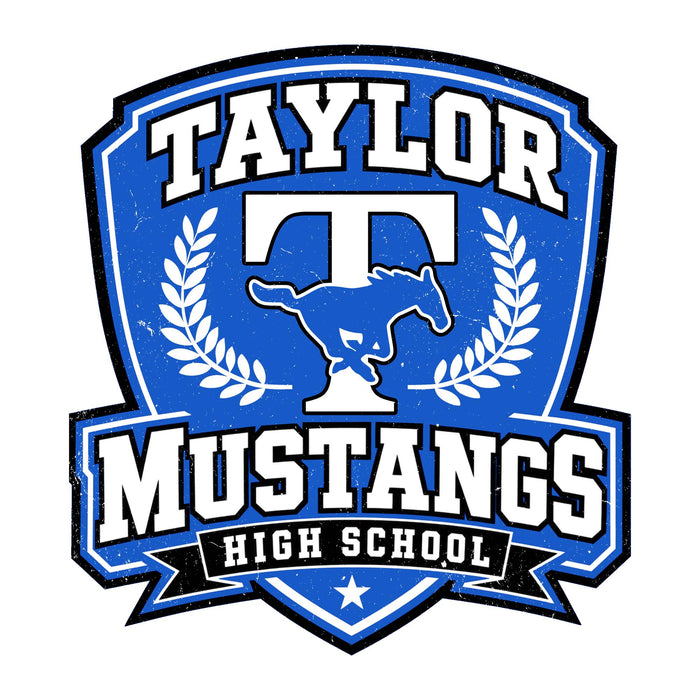 Close-up view of Taylor High School Mustangs Unisex 3/4 sleeve Raglan T-shirt 020