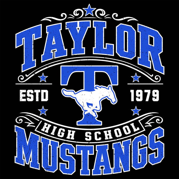 A black graphic design featuring the words 'TAYLOR, HIGH SCHOOL, MUSTANGS' in blue and white varsity-style lettering, with a white mustang silhouette and stars around a large blue 'T'. Taylor High School Mustangs Women's Black SoftStyle T-shirt 030
