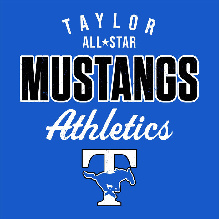 A blue graphic design with white and black text reading 'TAYLOR ALL-STAR MUSTANGS Athletics' and a white Mustang logo at the bottom. Taylor High School Mustangs Royal Blue Classic Unisex T-shirt 034