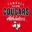 A red graphic design with the words 'TOMBALL ALL-STAR COUGARS Athletics' in white and black lettering, plus a white Texas outline with a red 'T' inside. Tomball High School Cougars Women's Red SoftStyle T-shirt 034