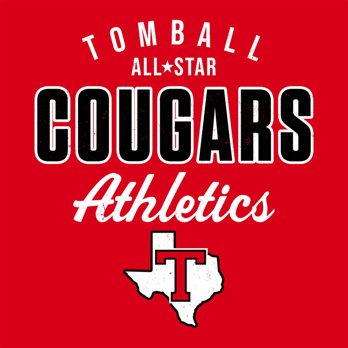 A red graphic design with the words 'TOMBALL ALL-STAR COUGARS Athletics' in white and black lettering, plus a white Texas outline with a red 'T' inside. Tomball High School Cougars Classic Unisex Red T-shirt 034