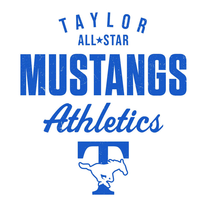 Close-up view of Taylor High School Mustangs Unisex 3/4 sleeve Raglan T-shirt 034