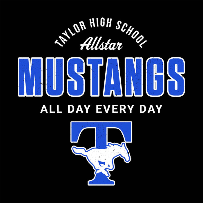A black graphic design featuring the text 'TAYLOR HIGH SCHOOL Allstar MUSTANGS ALL DAY EVERY DAY' in white and blue, with a large blue and white Mustang logo at the bottom. Taylor High School Mustangs Black Classic Unisex T-shirt 040