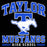 A black graphic design featuring the text 'TAYLOR, MUSTANGS, HIGH SCHOOL' in distressed blue and white lettering, with a large blue letter T and white Mustang silhouette in the center. Taylor High School Mustangs Women's Black SoftStyle T-shirt 060