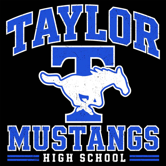 A black graphic design featuring the text 'TAYLOR, MUSTANGS, HIGH SCHOOL' in distressed blue and white lettering, with a large blue letter T and white Mustang silhouette in the center. Taylor High School Mustangs Women's Black SoftStyle T-shirt 060