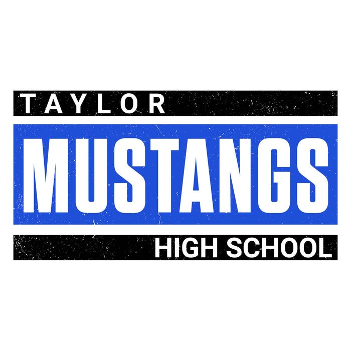 Close-up view of Taylor High School Mustangs Unisex 3/4 sleeve Raglan T-shirt 098