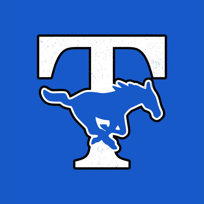 A blue and white graphic featuring a large white letter T with a white running horse silhouette overlaid, centered on a solid blue background. Taylor High School Mustangs Royal Blue Classic Unisex T-shirt 215