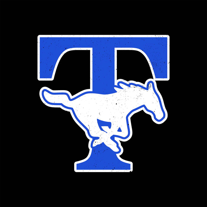 A blue and white distressed graphic featuring a large letter T with a running horse silhouette integrated into it, centered on a black background. Taylor High School Mustangs Black Classic Unisex T-shirt 200