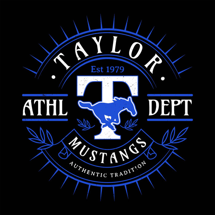 A circular blue and white sports logo on a black background reading 'TAYLOR ATHL DEPT' with 'Est 1979', a large distressed white 'T', a blue running horse silhouette, and 'MUSTANGS AUTHENTIC TRADITION' below. Taylor High School Mustangs Black Classic Unisex T-shirt 201