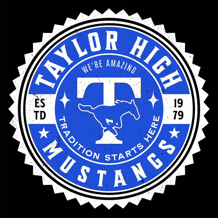 A circular Taylor High Mustangs graphic seal on a black background, featuring a blue and white design with the words 'Taylor High Mustangs,' 'We're Amazing,' 'Tradition Starts Here,' 'Est. 1979,' and a white mustang silhouette. Taylor High School Mustangs Women's Black SoftStyle T-shirt 203