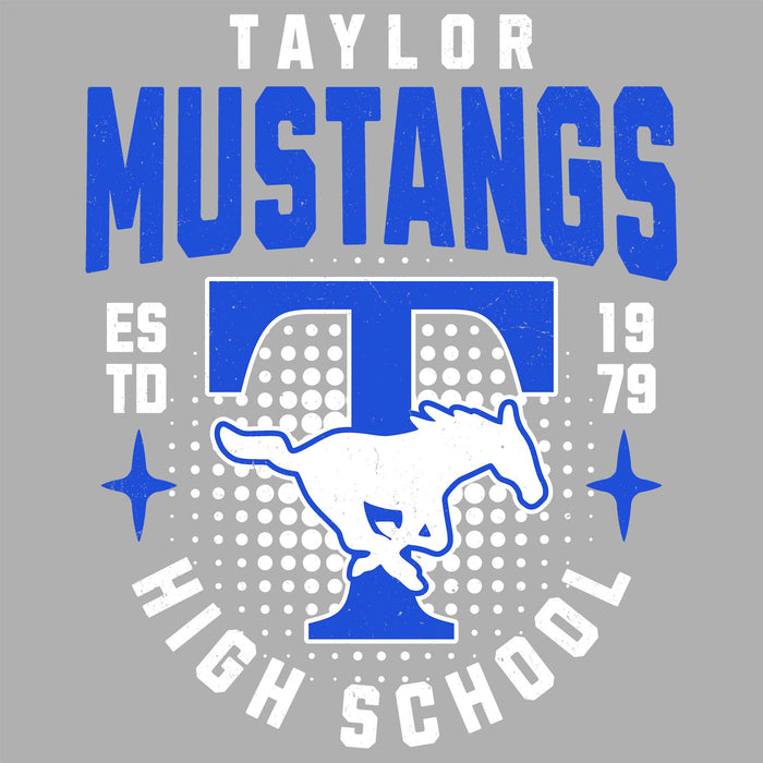 A graphic design for a Taylor Mustangs high school print, featuring a large blue and white distressed logo with a mustang silhouette on a gray background. Taylor High School Mustangs Grey Classic Unisex T-shirt 204