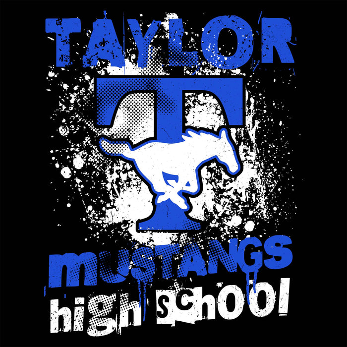 A black graphic design featuring the text 'TAYLOR MUSTANGS high school' in distressed blue and white lettering, with a large blue letter T and white mustang silhouette in the center. Taylor High School Mustangs Black Classic Unisex T-shirt 205
