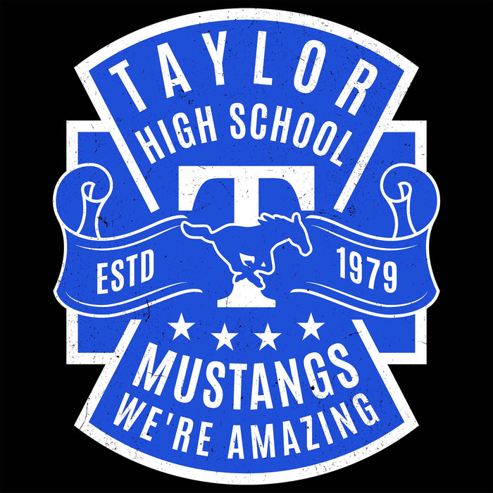 A blue and white distressed graphic design for Taylor High School Mustangs, featuring a central letter T, a running Mustang silhouette, the words 'Taylor High School', 'Estd 1979', 'Mustangs We're Amazing', and five stars on a black background. Taylor High School Mustangs Women's Black SoftStyle T-shirt 207