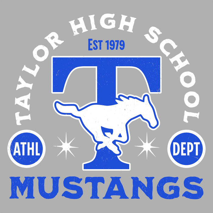 A graphic design featuring a large blue letter T with a white mustang silhouette in the center, surrounded by the words 'TAYLOR HIGH SCHOOL' in white and 'Mustangs' in blue at the bottom. The design includes 'Est 1979' at the top and circular badges reading 'ATHL' and 'DEPT' on a light gray background. Taylor High School Mustangs Women's Grey SoftStyle T-shirt 208