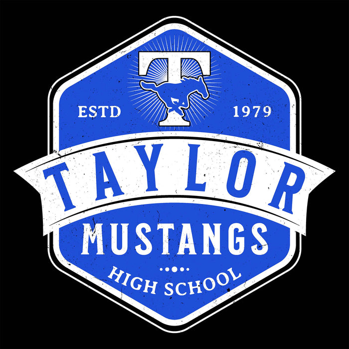 A vintage-style blue and white shield emblem reading "TAYLOR MUSTANGS HIGH SCHOOL" with a large T and mustang silhouette at the top, on a black background. Taylor High School Mustangs Black Classic Unisex T-shirt 209