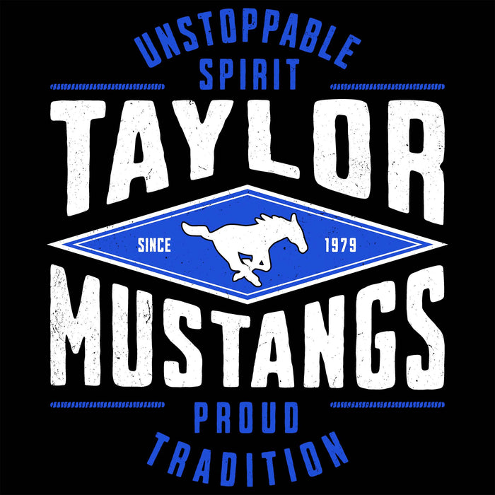 A black graphic design featuring distressed white and blue text that reads 'UNSTOPPABLE SPIRIT TAYLOR MUSTANGS PROUD TRADITION,' with a central blue diamond containing a white mustang silhouette and the words 'SINCE 1979.'. Taylor High School Mustangs Black Classic Unisex T-shirt 210