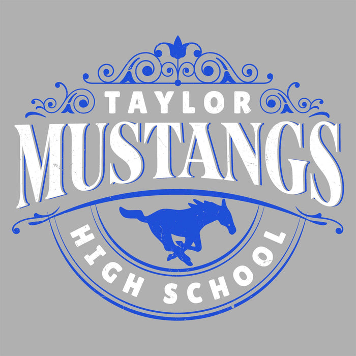 A blue and white graphic design featuring the text 'TAYLOR MUSTANGS HIGH SCHOOL' with an ornate crest and a running mustang silhouette, centered on a solid gray background. Taylor High School Mustangs Grey Classic Unisex T-shirt 211