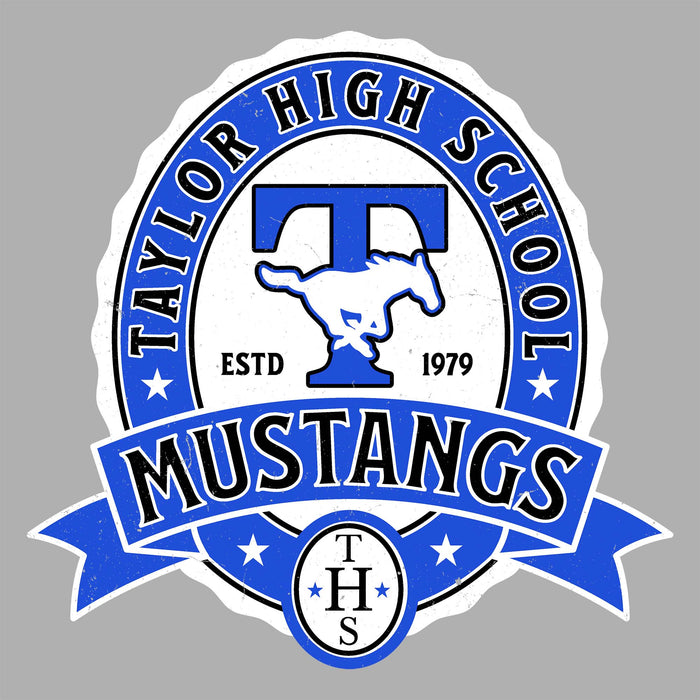 A circular and banner-style school crest reading "Taylor High School" with a large blue letter T, a white horse silhouette, "ESTD 1979," and "Mustangs" on a blue ribbon, shown on a plain gray background. Taylor High School Mustangs Grey Classic Unisex T-shirt 212