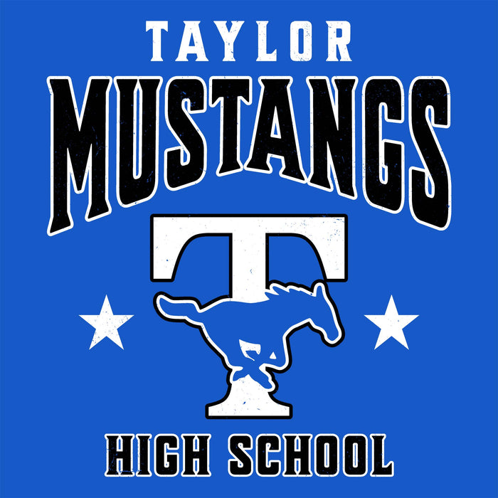 Close-up view of Taylor High School Mustangs Women's Royal Blue SoftStyle T-shirt 213