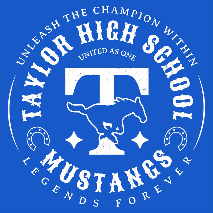Close-up view of Taylor High School Mustangs Women's Royal Blue SoftStyle T-shirt 214