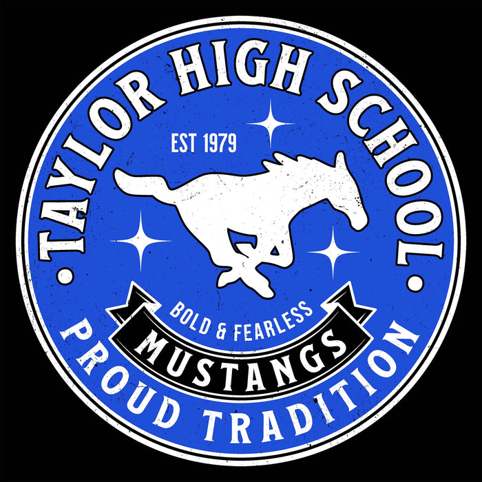 A circular blue, white, and black graphic reading "Taylor High School" with a white running mustang silhouette, stars, and a banner that says "Proud Tradition" and "Mustangs.". Taylor High School Mustangs Black Classic Unisex T-shirt 215