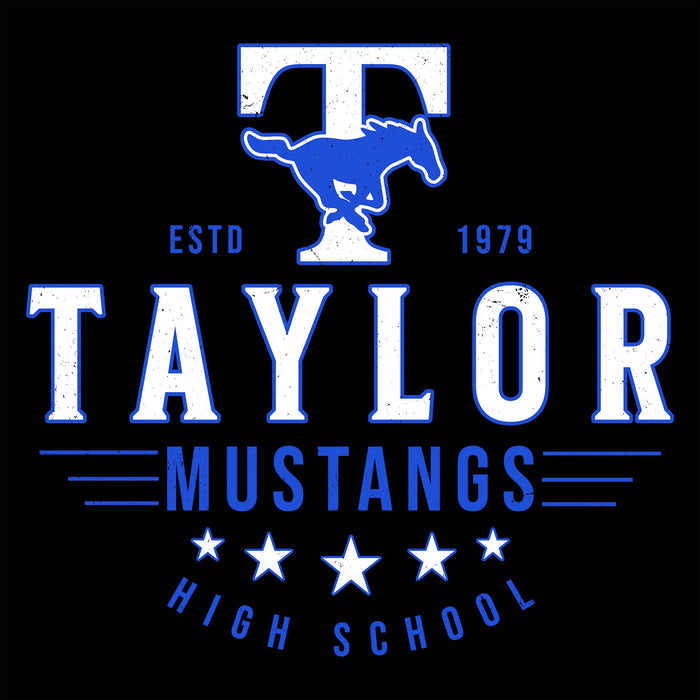 A black square graphic with a distressed blue and white Taylor Mustangs High School design, featuring a large letter T with a mustang silhouette, the words ESTD 1979, TAYLOR MUSTANGS, and HIGH SCHOOL with stars. Taylor High School Mustangs Black Classic Unisex T-shirt 217