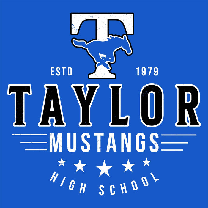 Close-up view of Taylor High School Mustangs Women's Royal Blue SoftStyle T-shirt 217