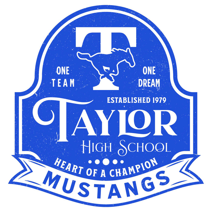 Close-up view of Taylor High School Mustangs Unisex 3/4 sleeve Raglan T-shirt 219