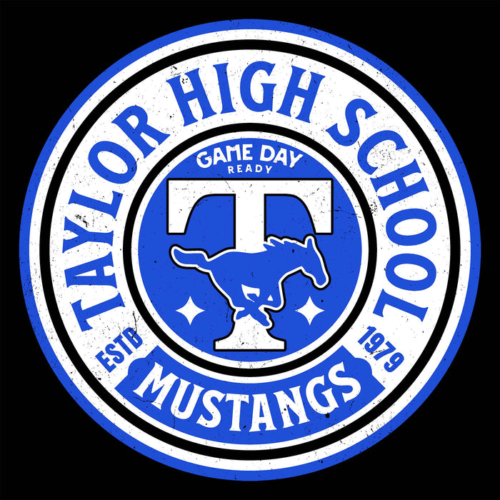 A circular blue, white, and black Taylor High School Mustangs emblem on a black background, with the words 'TAYLOR HIGH SCHOOL,' 'GAME DAY READY,' 'ESTB 1979,' and 'MUSTANGS.'. Taylor High School Mustangs Black Classic Unisex T-shirt 220
