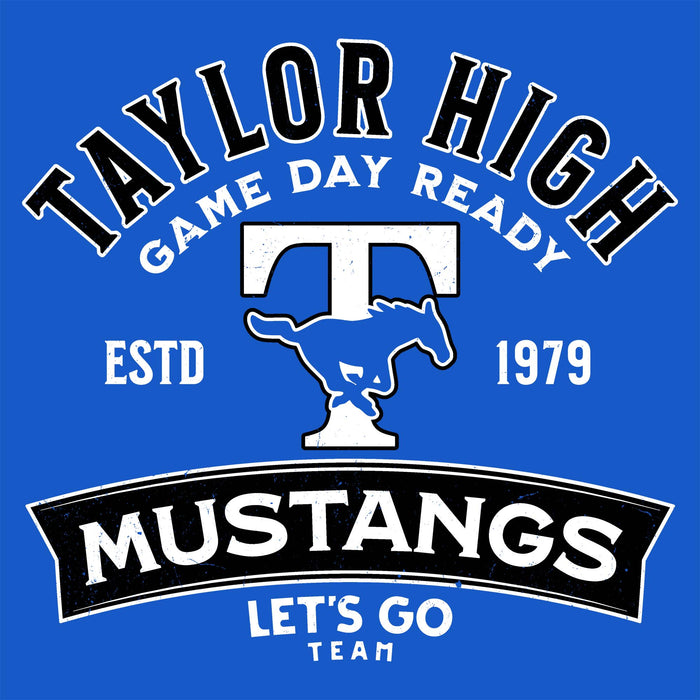 Close-up view of Taylor High School Mustangs Women's Royal Blue SoftStyle T-shirt 221