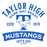 Close-up view of Taylor High School Mustangs Unisex 3/4 sleeve Raglan T-shirt 221