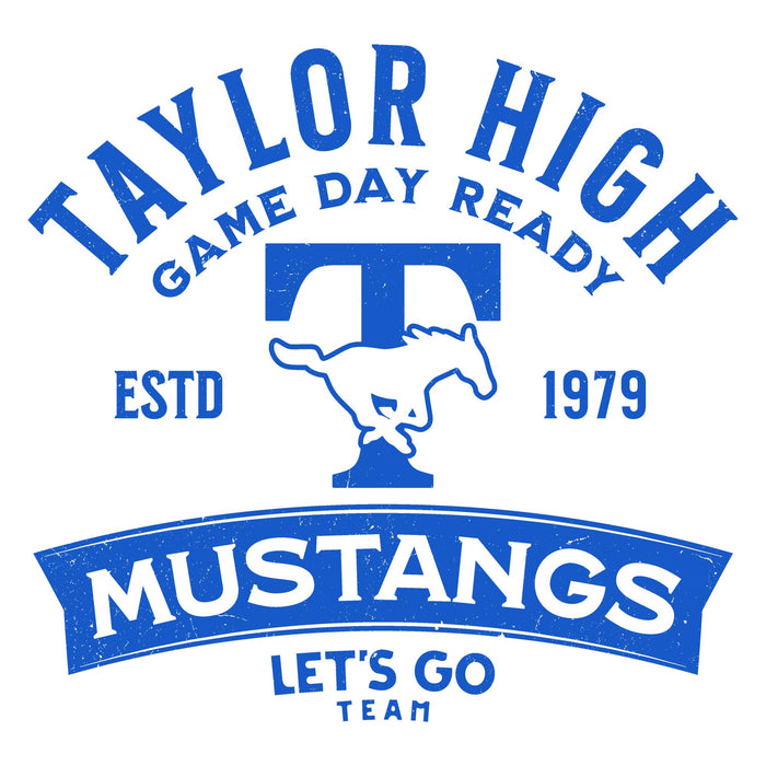 Close-up view of Taylor High School Mustangs Unisex 3/4 sleeve Raglan T-shirt 221