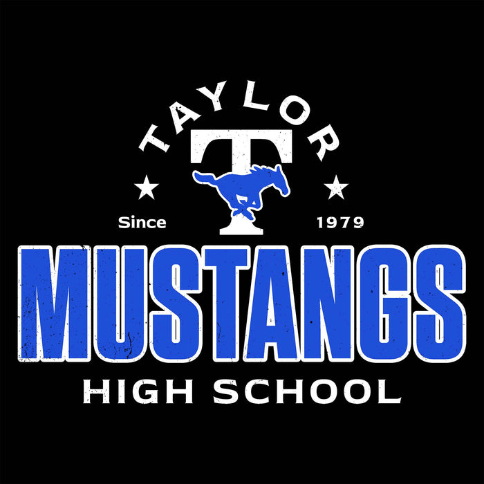 A black square graphic featuring the text 'TAYLOR, MUSTANGS, HIGH SCHOOL' with a white and blue mustang logo centered above the word 'MUSTANGS'. Taylor High School Mustangs Black Classic Unisex T-shirt 222