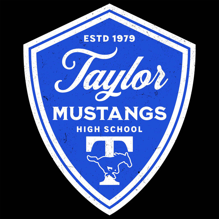 A blue and white shield-shaped logo for Taylor Mustangs High School, featuring the text 'ESTD 1979', 'Taylor Mustangs High School', and a white horse outline on a black background. Taylor High School Mustangs Black Classic Unisex T-shirt 225