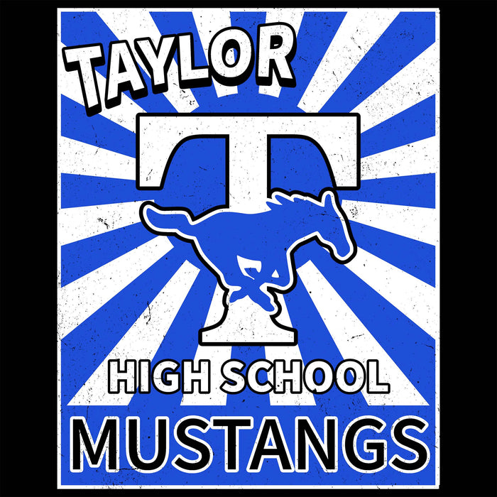 A square graphic design for Taylor High School Mustangs, featuring a blue and white sunburst background with a white 'T' and blue Mustang silhouette. The words 'TAYLOR HIGH SCHOOL MUSTANGS' are printed in bold white and black lettering. Taylor High School Mustangs Black Classic Unisex T-shirt 226