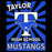 A square graphic design for Taylor High School Mustangs, featuring a blue and black sunburst background with a white stylized letter T and a blue mustang silhouette in the center. The words 'TAYLOR HIGH SCHOOL MUSTANGS' are printed in bold white letters with black outlines. Taylor High School Mustangs Women's Black SoftStyle T-shirt 226