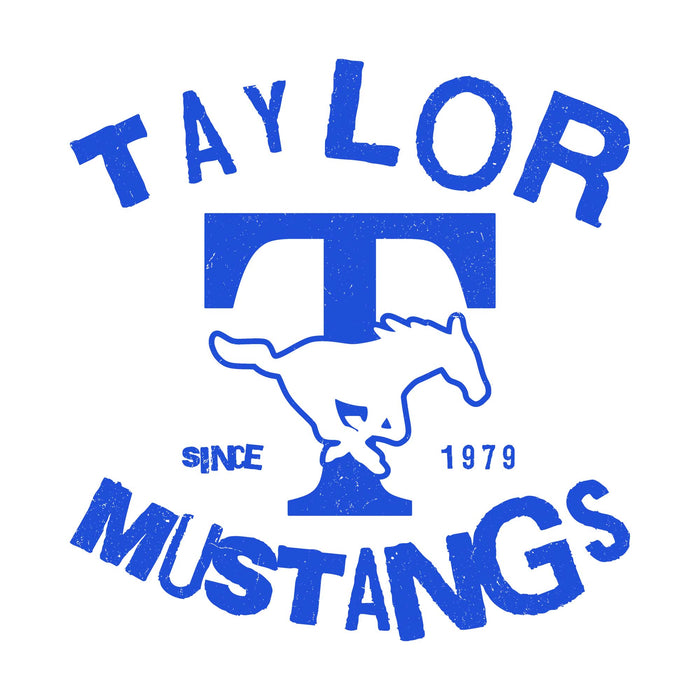 Close-up view of Taylor High School Mustangs Unisex 3/4 sleeve Raglan T-shirt 228
