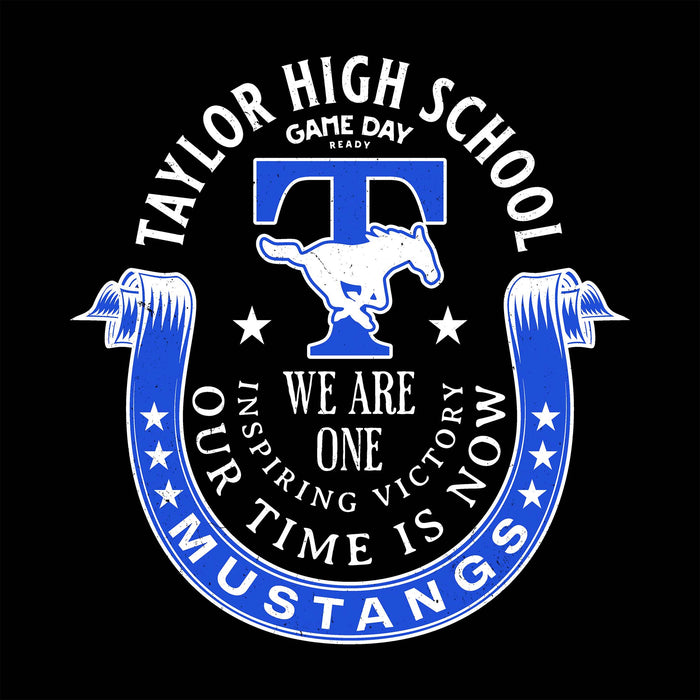 A circular blue and white graphic on a black background reading 'TAYLOR HIGH SCHOOL, GAME DAY READY, WE ARE ONE, OUR TIME IS NOW, MUSTANGS' with a large blue 'T' and white Mustang silhouette. Taylor High School Mustangs Black Classic Unisex T-shirt 229