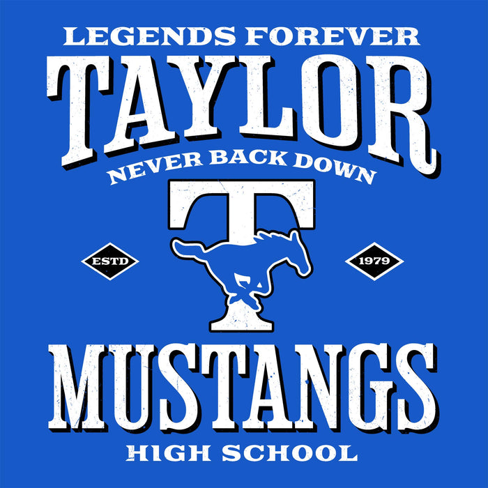 Close-up view of Taylor High School Mustangs Women's Royal Blue SoftStyle T-shirt 230