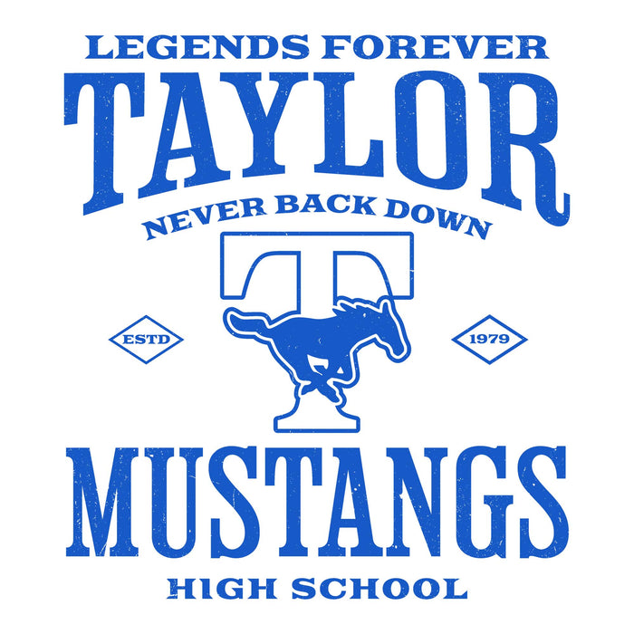 Close-up view of Taylor High School Mustangs Unisex 3/4 sleeve Raglan T-shirt 230