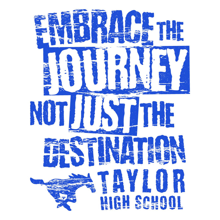 Close-up view of Taylor High School Mustangs Unisex 3/4 sleeve Raglan T-shirt 232